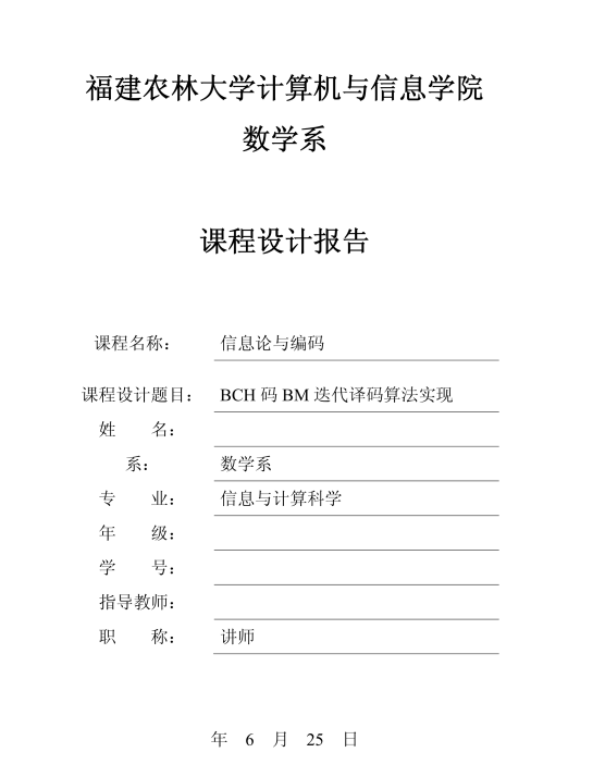 BCH码BM迭代译码算法课程设计报告PDF｜2025最新纠错编码实现方案